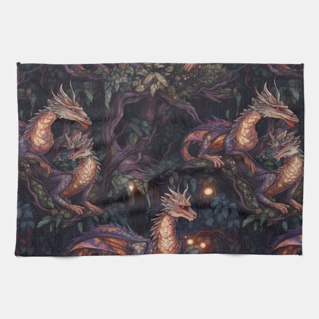 Purple Dragons Perched in Trees Kitchen Towel (Horizontal)