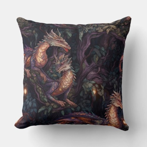 Purple Dragons Perched in Trees Throw Pillow