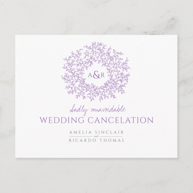Purple drawn leaf monogram wedding cancelation announcement postcard (Front)