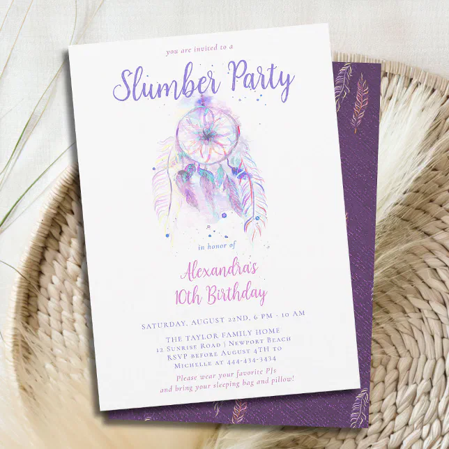 Purple Dream Catcher Slumber Party Girls Birthday Invitation | Zazzle