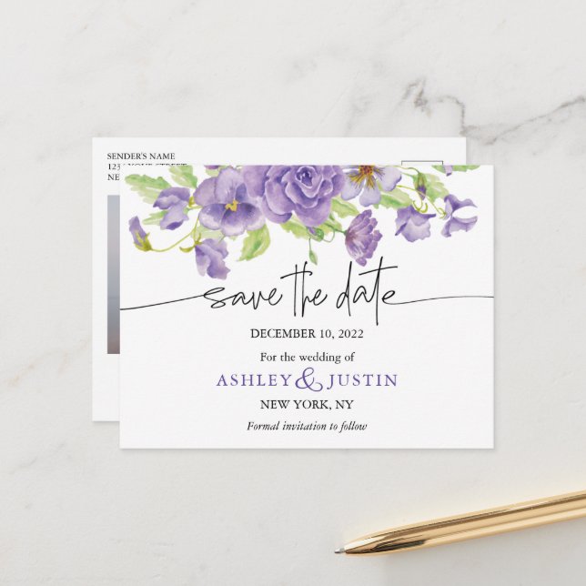 Purple dreams stylish wedding florals announcement postcard (Front/Back In Situ)