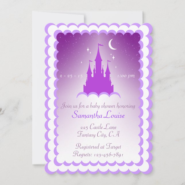 Purple Dreamy Castle In The Clouds Baby Shower Invitation (Front)