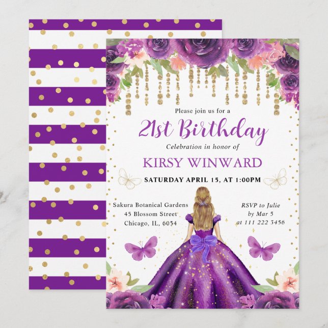 Purple Dress Blonde Haired Princess Birthday Invitation (Front/Back)