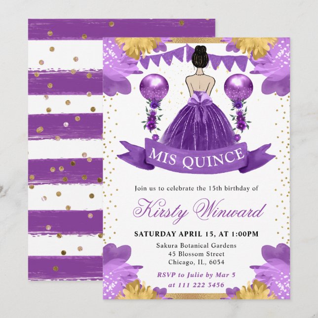 Purple Dress Brunette Hair Princess Quinceanera Invitation (Front/Back)