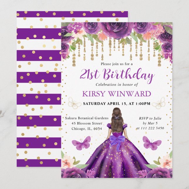 Purple Dress Brunette Haired Princess Birthday Invitation (Front/Back)