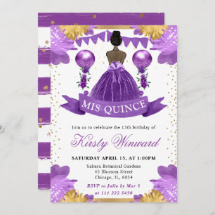Purple Dress Dark Skin Princess Quinceanera Invitation