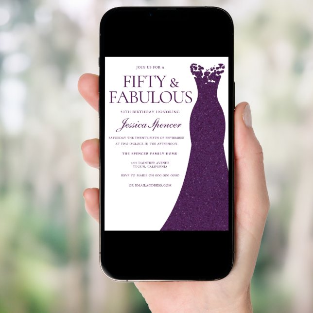 Purple Dress Fifty & Fabulous 50th Birthday Invitation (Front Digital)