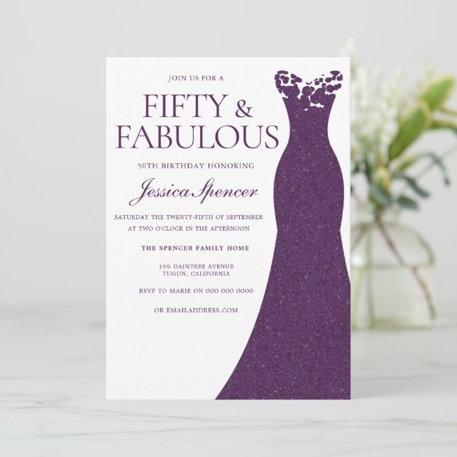 Purple Dress Fifty & Fabulous 50th Birthday Invitation | Zazzle Purple Dress Fifty & Fabulous 50th Birthday Invitation | Zazzle