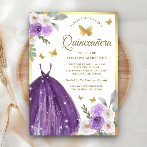 Purple Dress Floral Butterfly Gold Quinceanera Invitation