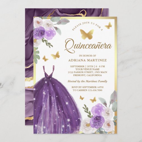 Purple Dress Floral Butterfly Gold Quinceanera Invitation