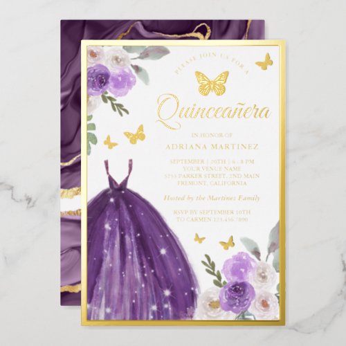 Purple Dress Floral Butterfly Quinceanera Gold Foil Invitation