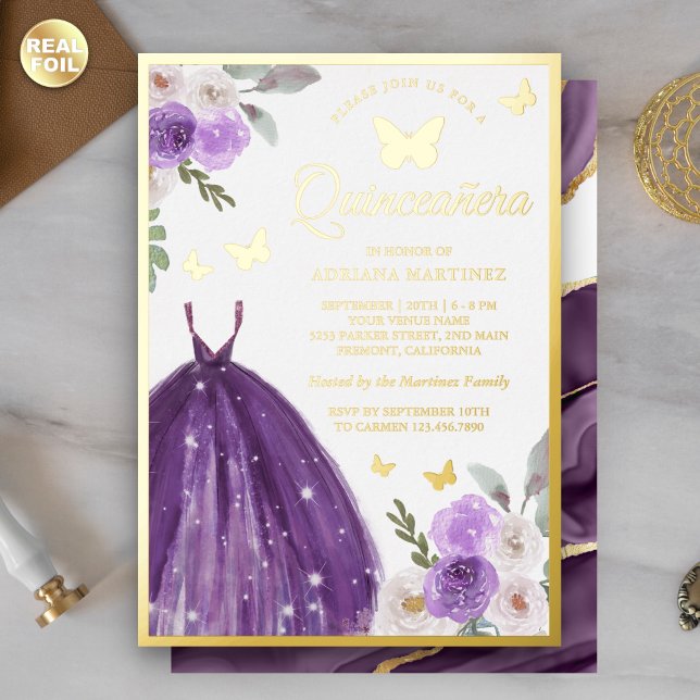 Purple Dress Floral Butterfly Quinceanera Gold Foil Invitation (Creator Uploaded)