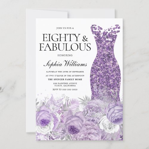 Purple Dress Floral Eighty Fabulous 80th Birthday Invitation