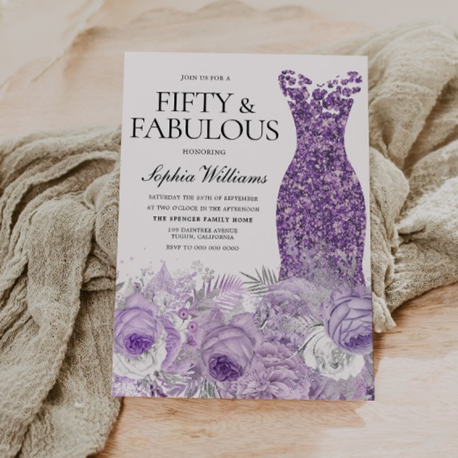 Purple Dress Floral Fifty & Fabulous 50th Birthday Invitation (Creator Uploaded)