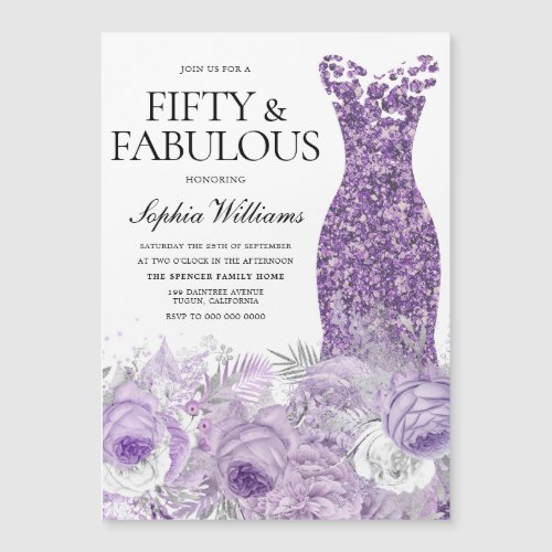 Purple Dress Floral Fifty  Fabulous 50th Birthday Magnetic Invitation