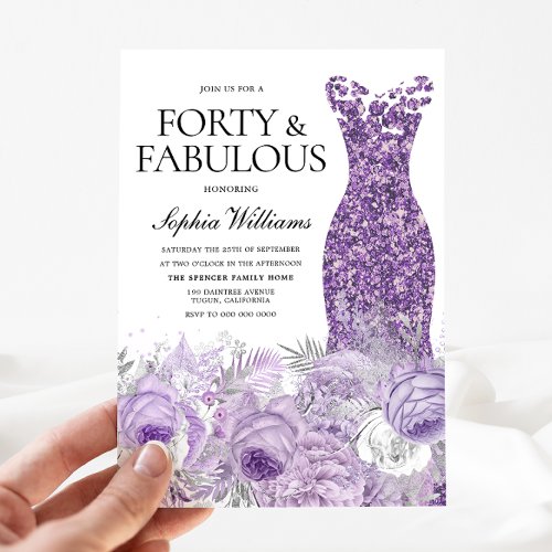 Purple Dress Floral Forty  Fabulous 40th Birthday Invitation