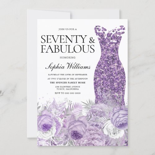 Purple Dress Floral Seventy Fabulous 70th Birthday Invitation