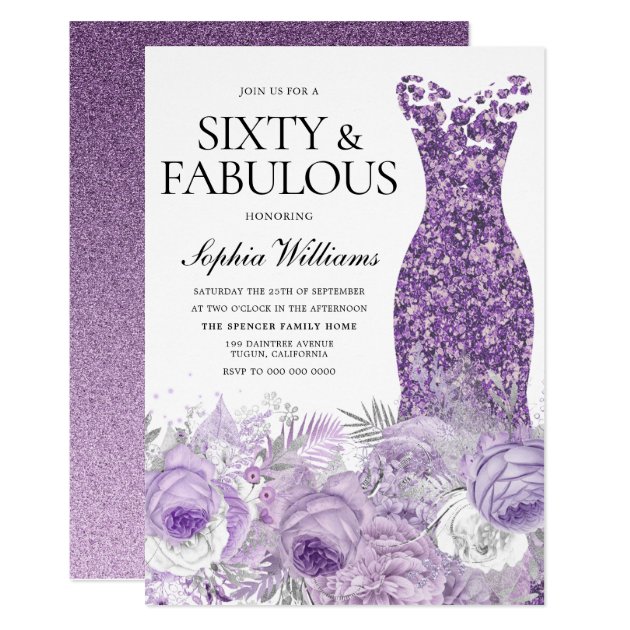 Purple Dress Floral Sixty & Fabulous 60th Birthday Invitation | Zazzle.com