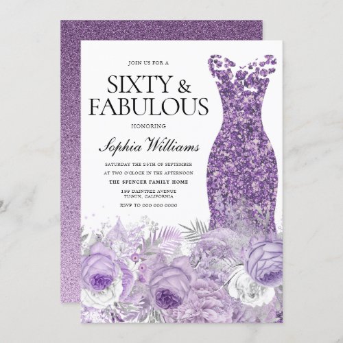 Purple Dress Floral Sixty  Fabulous 60th Birthday Invitation