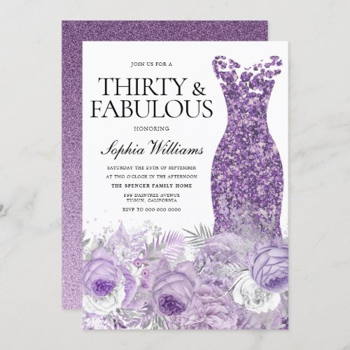 Purple Dress Floral Thirty Fabulous 30th Birthday Invitation