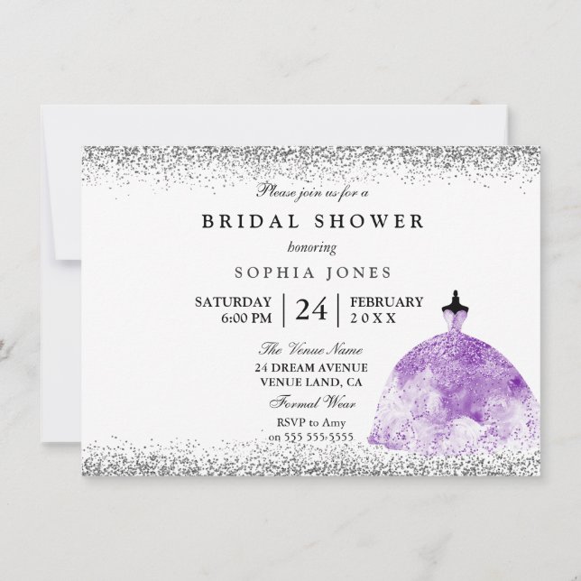Purple Dress Glitter Bridal Shower invite (Back)