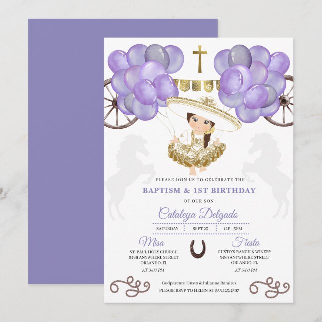 Purple Dress Gold Baby Charra Balloons Baptism Invitation (Front/Back)