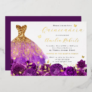 Purple Dress Gold Floral Butterfly  Foil Invitation