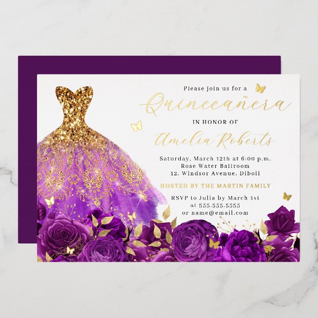 Purple Dress Gold Floral Butterfly  Foil Invitation (Front/Back)
