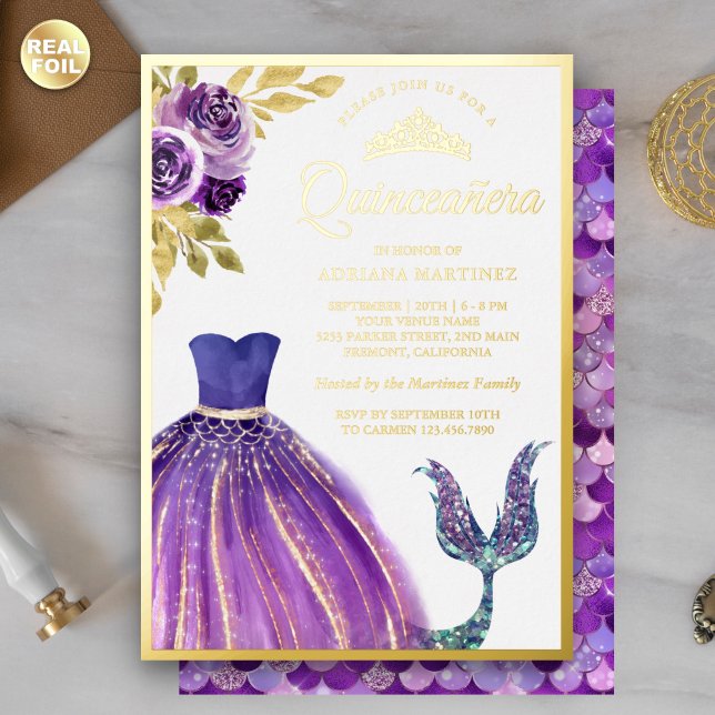 Purple Dress Mermaid Tail Quinceanera Gold Foil Invitation (Creator Uploaded)