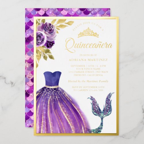 Purple Dress Mermaid Tail Quinceanera Gold Foil Invitation