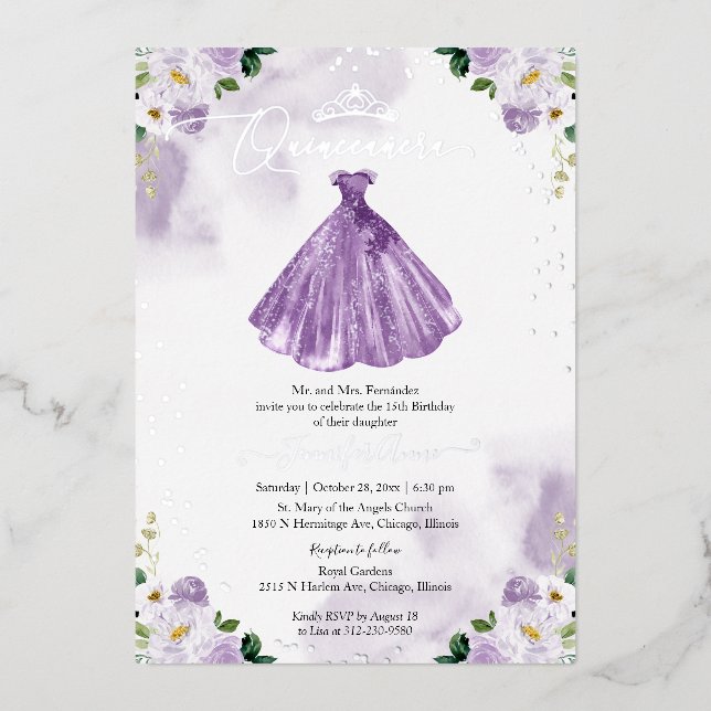 Purple Dress Quincenera Foil Invitation (Front)