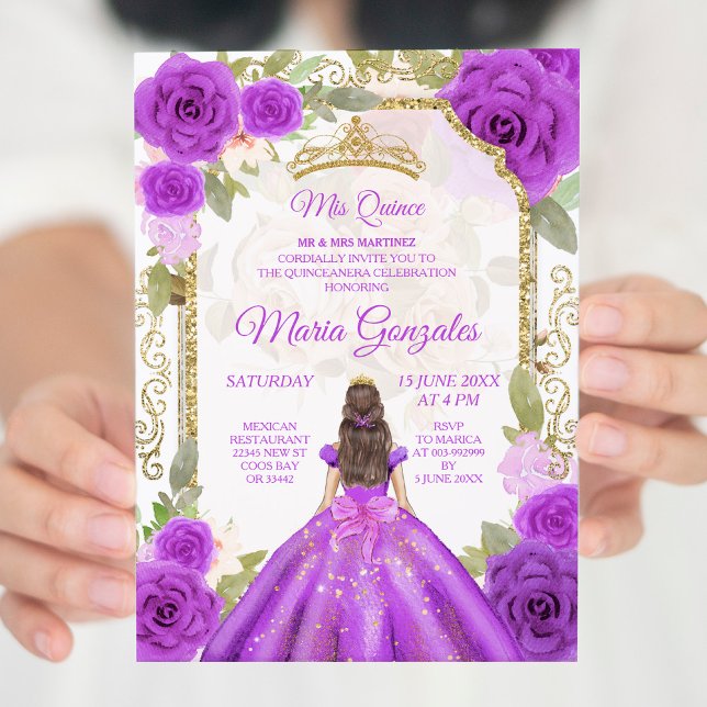 Purple Dress & Rose Charra Mexican XV Anos Invitation (Creator Uploaded)