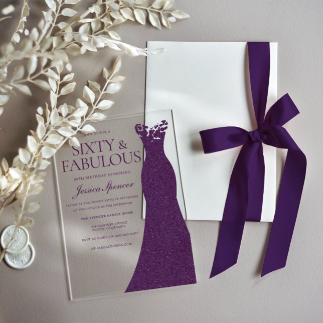 Purple Dress Sixty & Fabulous 60th Birthday Acrylic Invitations (Creator Uploaded)