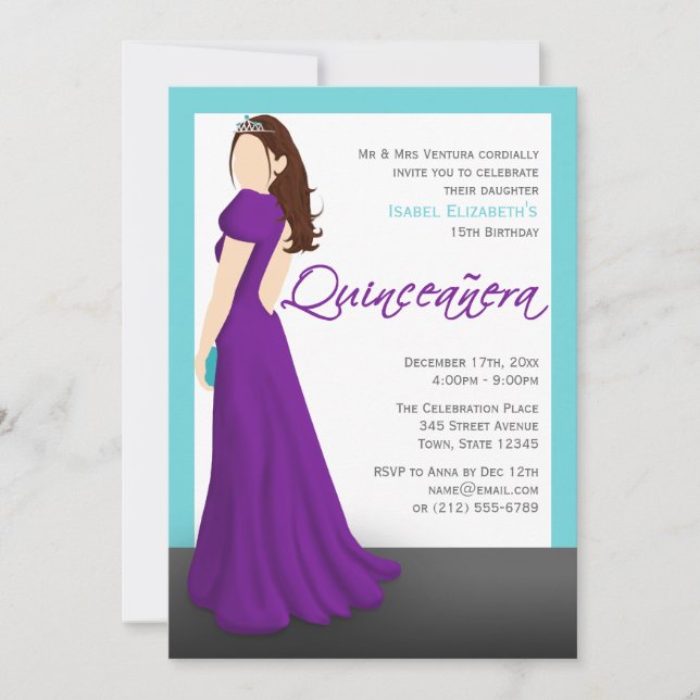 Purple Dress Tiara Turquoise Quinceañera Invitation (Front)