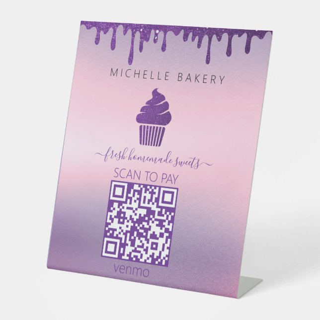 Purple Drip Bakery Shop QR CODE Payment Pedestal Sign (Front)