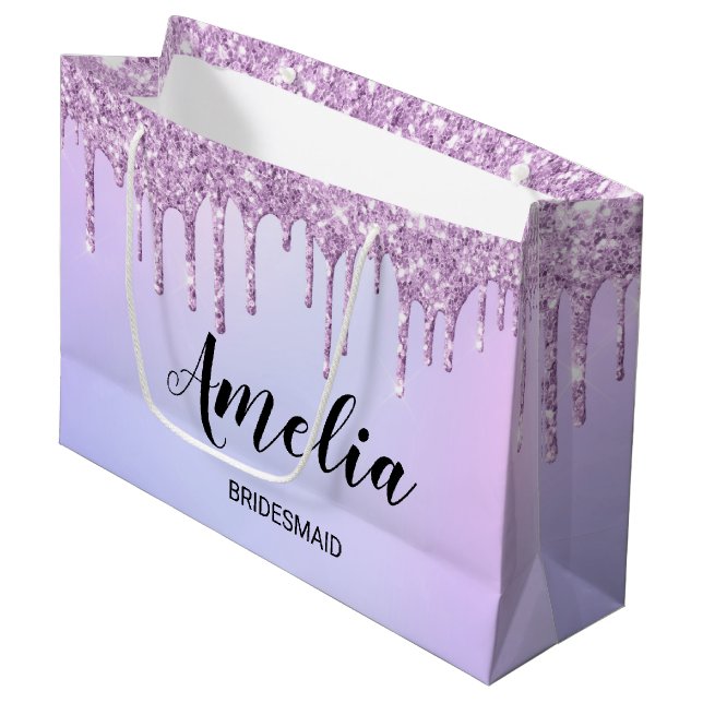Purple drip glitter Personalized Bridesmaids   Large Gift Bag (Front Angled)