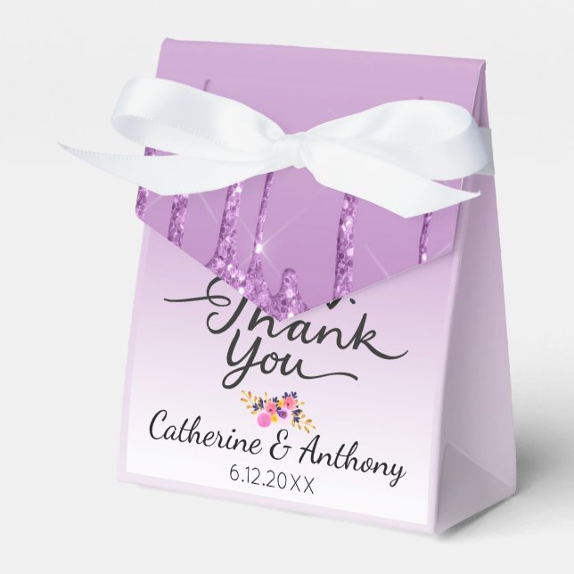 Purple Dripping Glitter Floral Thank You Favor Boxes (Front Side)