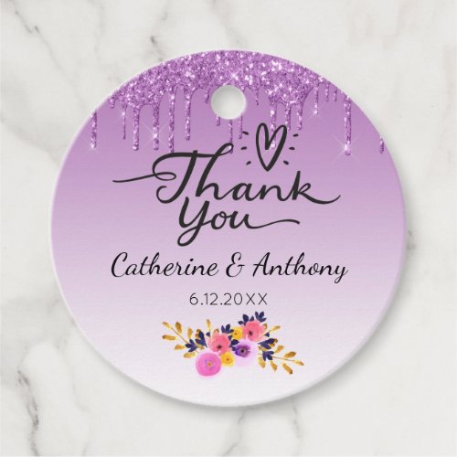 Purple Dripping Glitter Floral Thank You Favor Tags