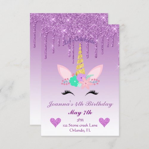 Purple Dripping GlitterFloral Unicorn Birthday Invitation