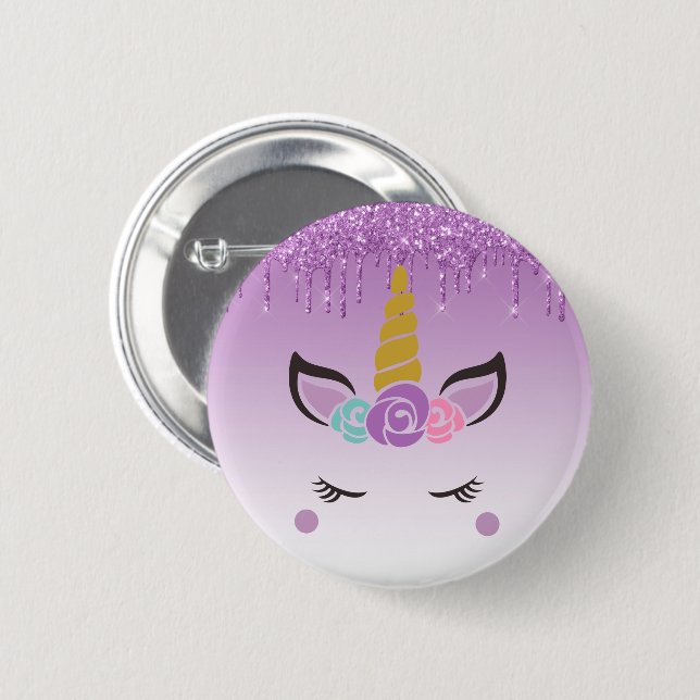 Purple Dripping Glitter Floral Unicorn Button (Front & Back)
