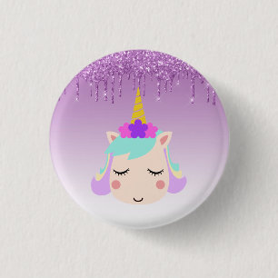 Purple Dripping Glitter Floral Unicorn Button