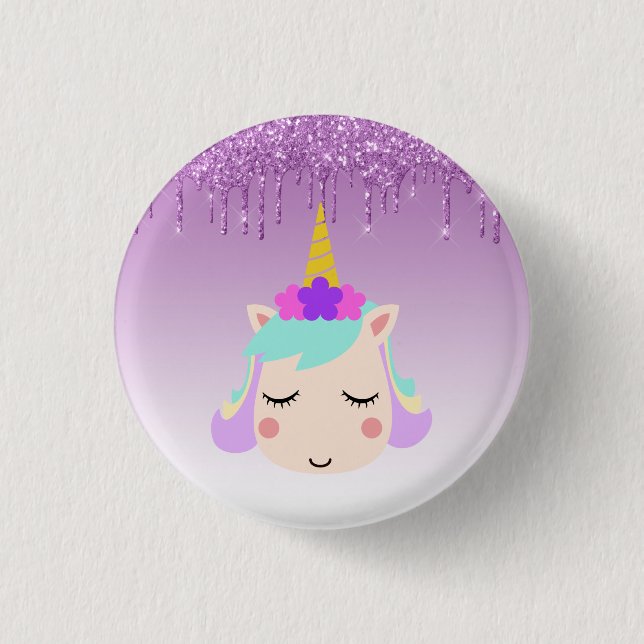 Purple Dripping Glitter Floral Unicorn Button (Front)