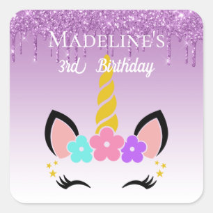 Purple Dripping Glitter Floral Unicorn Square Sticker
