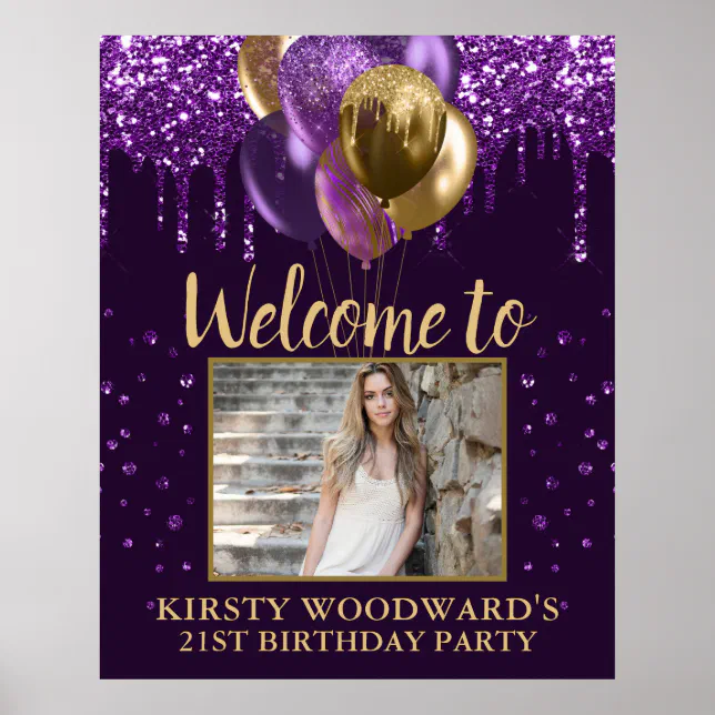 Purple Dripping Glitter & Gold Balloons Birthday Poster | Zazzle
