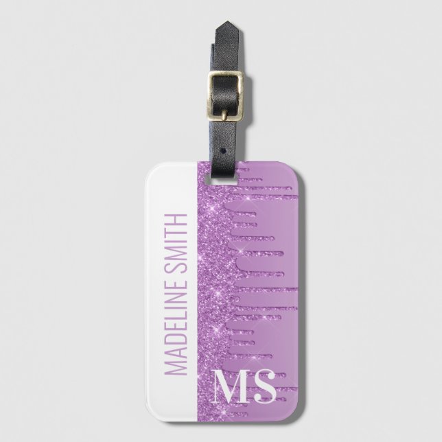 Purple Dripping Glitter Monogram Luggage Tag (Front Vertical)