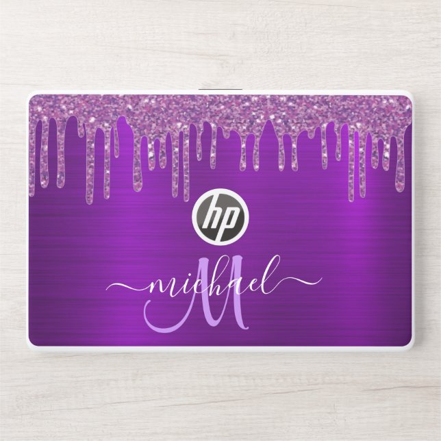 Purple Dripping Glitter Monogram Personalized HP Laptop Skin (Front)