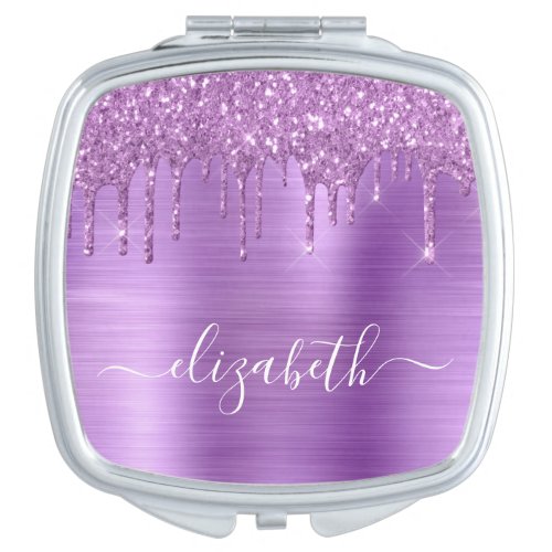 Purple Dripping Glitter Monogrammed Compact Mirror