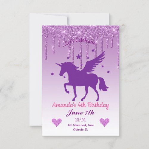 Purple Dripping GlitterPurple Unicorn Birthday Invitation