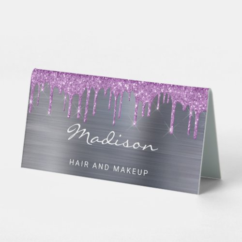 Purple Dripping Glitter Silver Metallic Business  Table Tent Sign