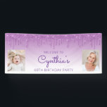 Purple Dripping Glitter Two Photo 60th Birthday Banner<br><div class="desc">Welcome guests with this chic, glamorous 60th birthday party photo banner, featuring a sparkly purple faux glitter drip border and purple ombre background. Easily replace the two sample images with photos of the guest of honor. Personalize it with her name in purple handwriting script, with the birthday below in sans...</div>